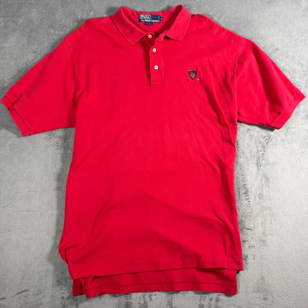 Polo Ralph Lauren Vintage Red Golf‎ Crest Polo Shirt XL Made in Hong Kong Cotton